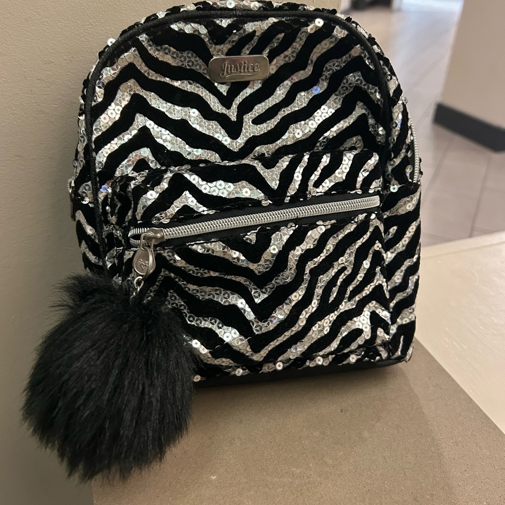 Justice Black and Silver Sequin Zebra Backpack Like New!